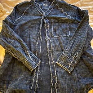 Aerie Dark Blue Frayed Top